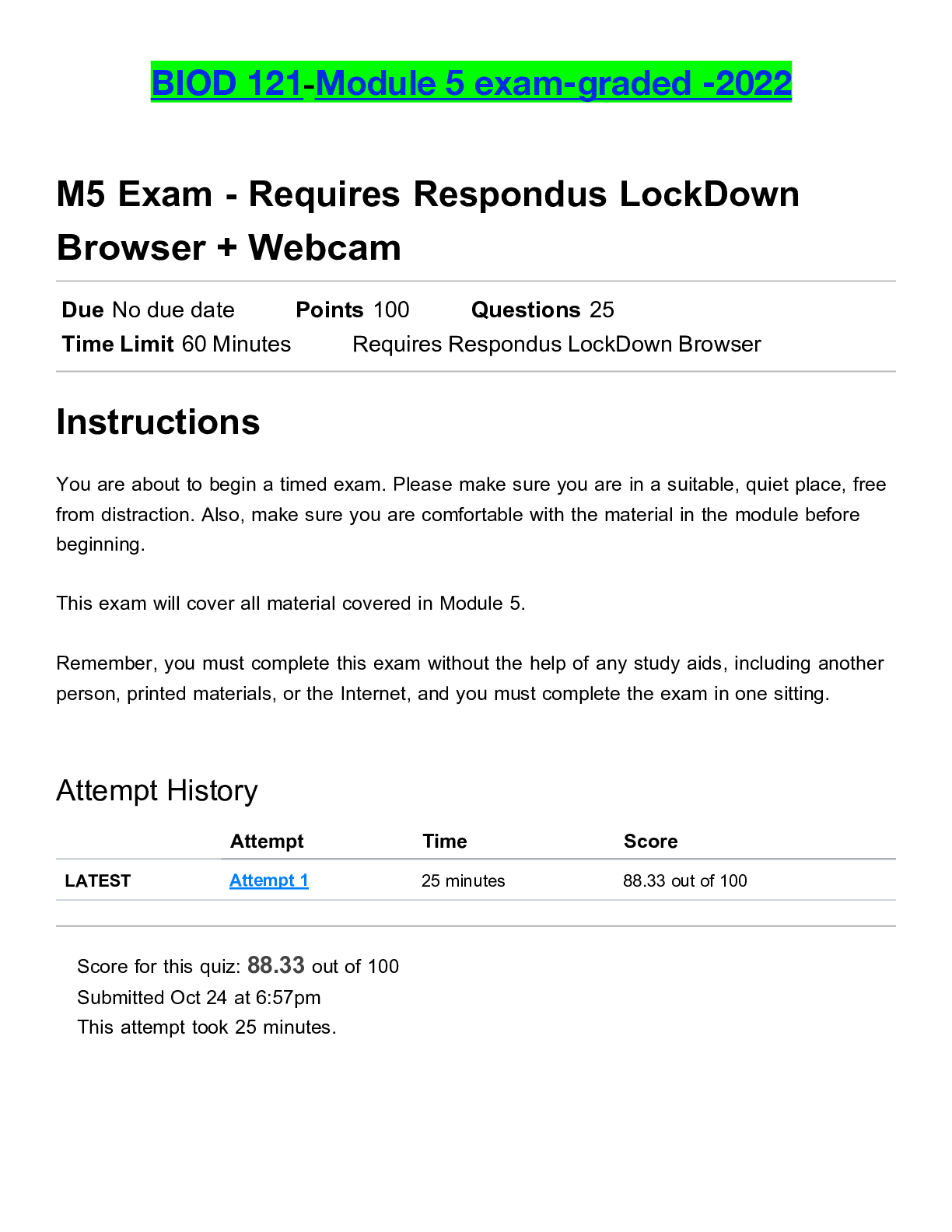 Preview image of BIOD 121-Module 5 exam-graded -2022 document